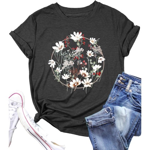 impiad Black Wildflowers Graphic T-Shirt for Women – Unique and Comfortable Crew Neck Tee